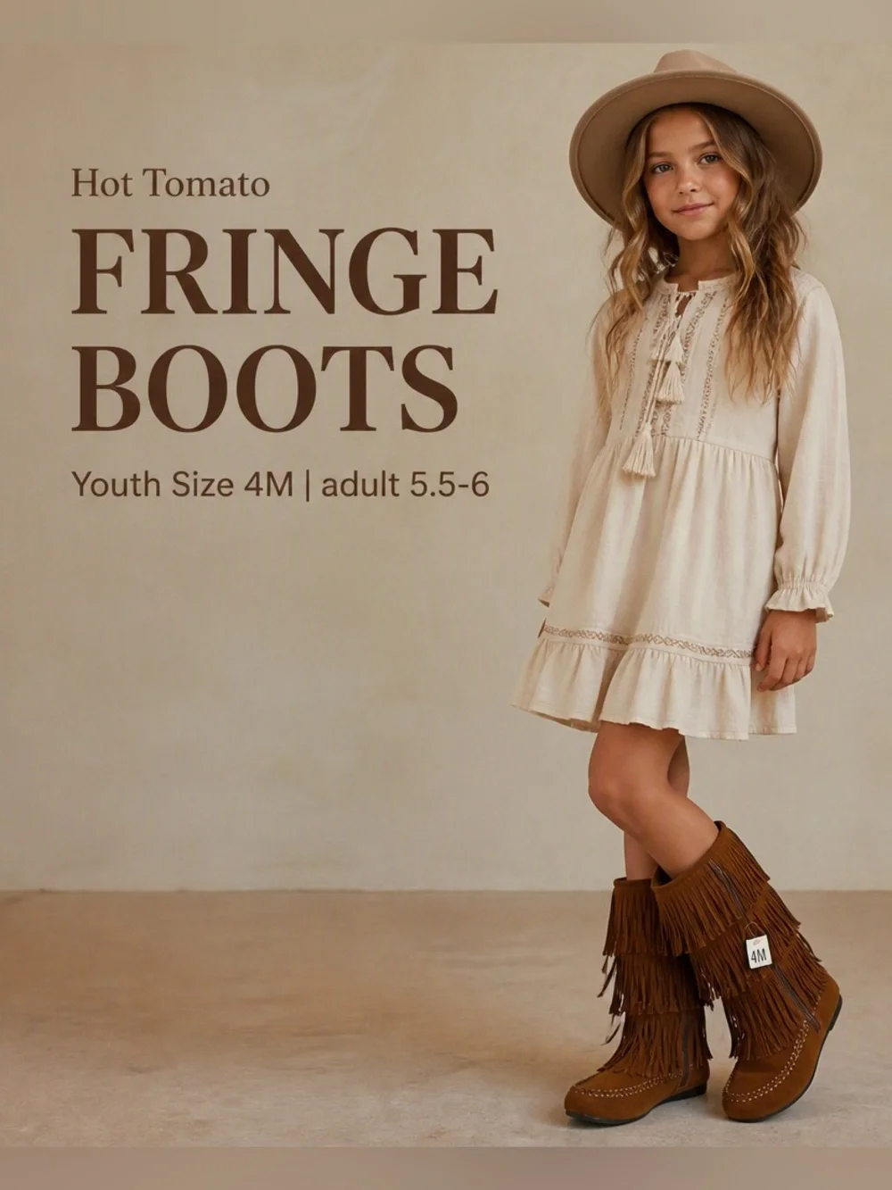 Hot Tomato Brown Fringe Calf Boots | Youth Size 4M | adult 5.5-6